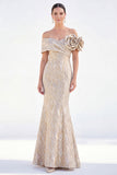 Off the Shoulder Mermaid Golden Maxi Dress with 3D Flowers