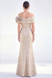 Off the Shoulder Mermaid Golden Maxi Dress with 3D Flowers