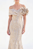 Off the Shoulder Mermaid Golden Maxi Dress with 3D Flowers