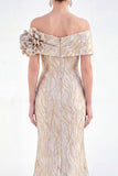 Off the Shoulder Mermaid Golden Maxi Dress with 3D Flowers