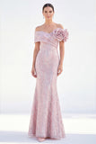 Off the Shoulder Mermaid Golden Maxi Dress with 3D Flowers