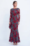 Black Mermaid Floral Embroidered Mother of the Bride Dress with Long Sleeves