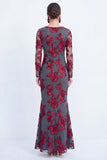 Black Mermaid Floral Embroidered Mother of the Bride Dress with Long Sleeves