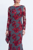 Black Mermaid Floral Embroidered Mother of the Bride Dress with Long Sleeves