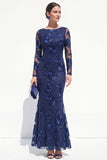 Black Mermaid Floral Embroidered Mother of the Bride Dress with Long Sleeves