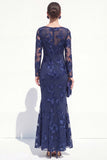 Black Mermaid Floral Embroidered Mother of the Bride Dress with Long Sleeves