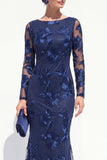 Black Mermaid Floral Embroidered Mother of the Bride Dress with Long Sleeves
