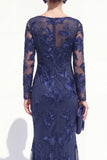 Black Mermaid Floral Embroidered Mother of the Bride Dress with Long Sleeves