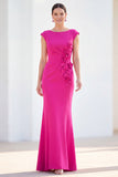 Fuchsia Mermaid 3D Flower Bateau Neck Ruched Long Mother of the Bride Dress