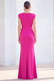 Fuchsia Mermaid 3D Flower Bateau Neck Ruched Long Mother of the Bride Dress
