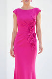 Fuchsia Mermaid 3D Flower Bateau Neck Ruched Long Mother of the Bride Dress