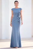 Fuchsia Mermaid 3D Flower Bateau Neck Ruched Long Mother of the Bride Dress