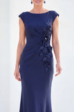 Fuchsia Mermaid 3D Flower Bateau Neck Ruched Long Mother of the Bride Dress
