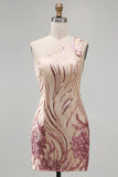 Sparkly Gold and Pink One Shoulder Bodycon Short Homecoming Dress