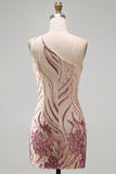 Sparkly Gold and Pink One Shoulder Bodycon Short Homecoming Dress