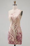 Sparkly Gold and Pink One Shoulder Bodycon Short Homecoming Dress
