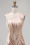 Sparkly Gold and Pink One Shoulder Bodycon Short Homecoming Dress