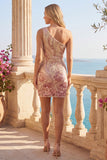 Sparkly Gold and Pink One Shoulder Bodycon Short Homecoming Dress