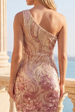 Sparkly Gold and Pink One Shoulder Bodycon Short Homecoming Dress