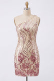 Sparkly Gold and Pink One Shoulder Bodycon Short Homecoming Dress