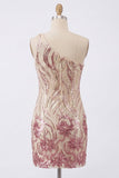 Sparkly Gold and Pink One Shoulder Bodycon Short Homecoming Dress