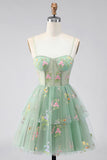 Dusty Sage A Line Floral Applique Corset Homecoming Dress with Bow
