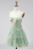 Dusty Sage A Line Floral Applique Corset Homecoming Dress with Bow