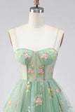 Dusty Sage A Line Floral Applique Corset Homecoming Dress with Bow