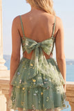 Dusty Sage A Line Floral Applique Corset Homecoming Dress with Bow