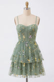Dusty Sage A Line Floral Applique Corset Homecoming Dress with Bow