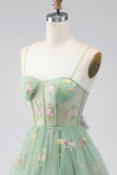Dusty Sage A Line Floral Applique Corset Homecoming Dress with Bow