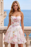 Floral Ivory A Line Strapless Corset Homecoming Dress