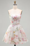 Floral Ivory A Line Strapless Corset Homecoming Dress