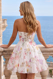 Floral Ivory A Line Strapless Corset Homecoming Dress