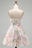 Floral Ivory A Line Strapless Corset Homecoming Dress
