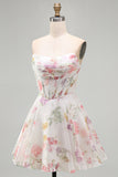 Floral Ivory A Line Strapless Corset Homecoming Dress