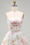 Floral Ivory A Line Strapless Corset Homecoming Dress