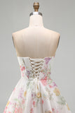 Floral Ivory A Line Strapless Corset Homecoming Dress