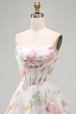 Floral Ivory A Line Strapless Corset Homecoming Dress
