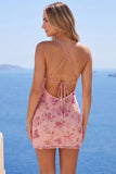 Pink Spaghetti Straps Floral Bodycon Short Homecoming Dress with Beading