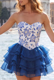 Sky Blue Sweetheart Floral Tiered A-Line Homecoming Dress with Lace-up Back