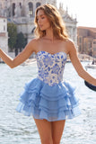 Sky Blue Sweetheart Floral Tiered A-Line Homecoming Dress with Lace-up Back