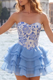 Sky Blue Sweetheart Floral Tiered A-Line Homecoming Dress with Lace-up Back