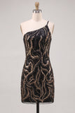 One Shoulder Sequin Bodycon Gold Homecoming Dress