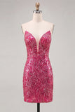 Sparkly Fuchsia Strapless Bodycon Short Homecoming Dress with Lace Up Back