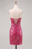 Sparkly Fuchsia Strapless Bodycon Short Homecoming Dress with Lace Up Back