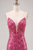 Sparkly Fuchsia Strapless Bodycon Short Homecoming Dress with Lace Up Back