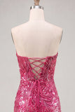 Sparkly Fuchsia Strapless Bodycon Short Homecoming Dress with Lace Up Back
