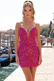 Sparkly Fuchsia Strapless Bodycon Short Homecoming Dress with Lace Up Back