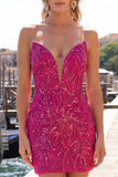 Sparkly Fuchsia Strapless Bodycon Short Homecoming Dress with Lace Up Back